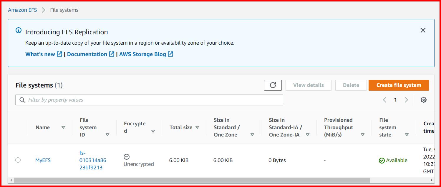 Picture showing the EFS created in AWS console